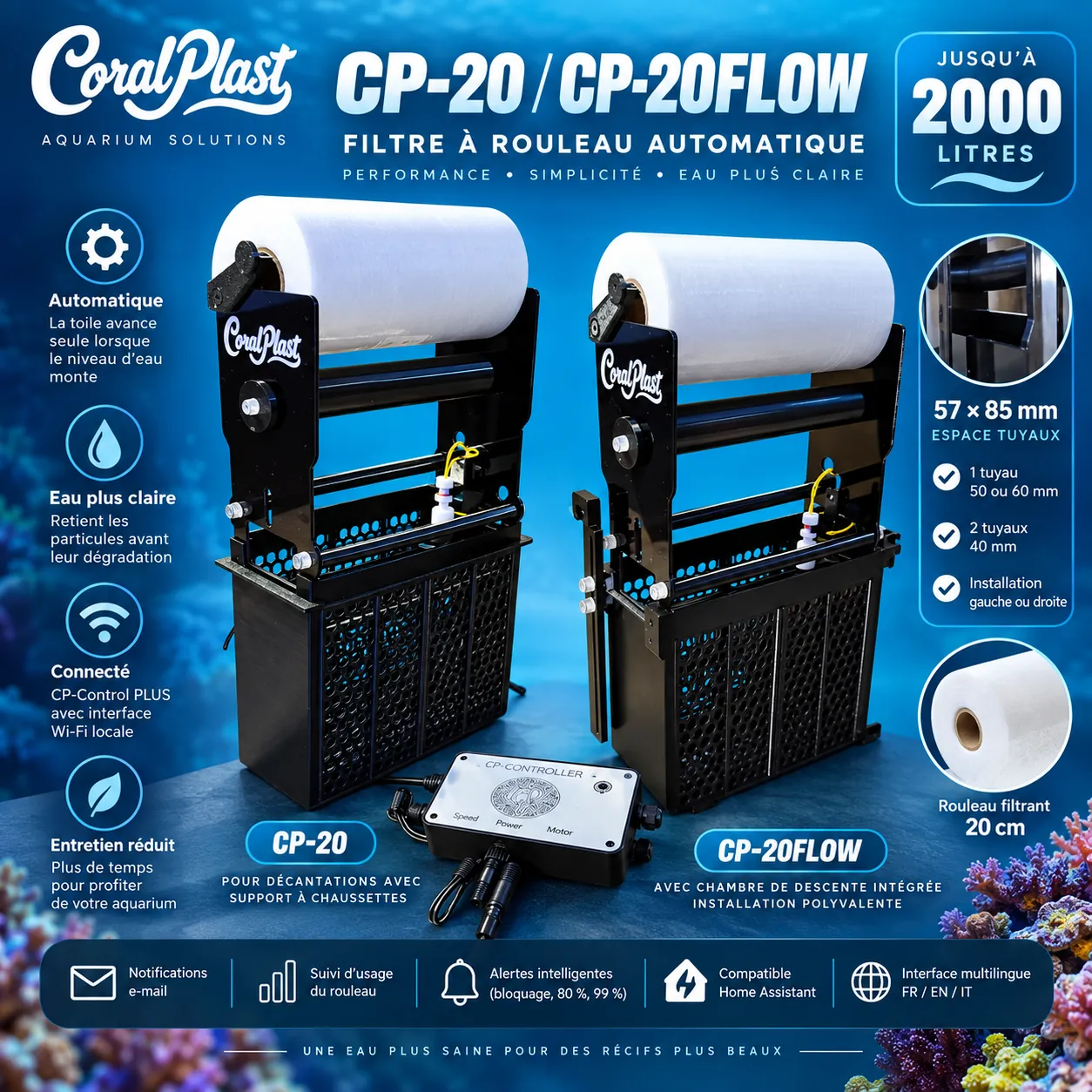 Visuel comparatif des filtres à rouleau CP-20 et CP-20FLOW avec contrôleur CP-Control PLUS